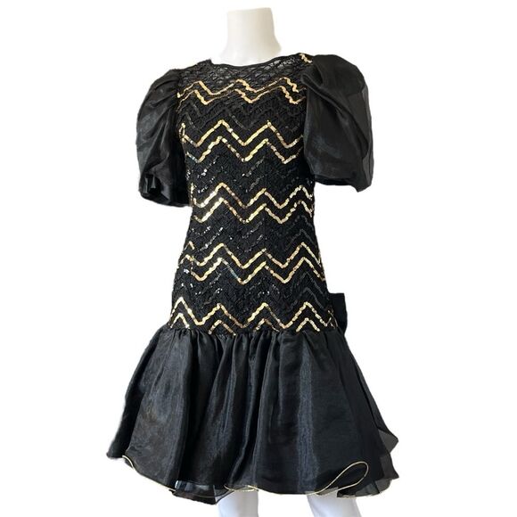 Vintage 80s Abrina Black and Gold Sequin Dress Drop Waist Puff Sleeve